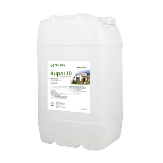 Large container of Golden Super 10 paint with a label on a white background