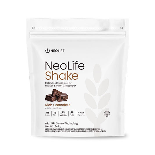 Neolife Shake package for rich chocolate flavor on a white background